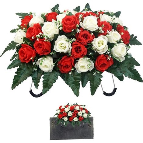 Corona funeraria, corona di rose artificiali, con supporto in metallo regolabile, decorazione floreale per cimitero resistente alle intemperie - bianco + rosso (1/5)
