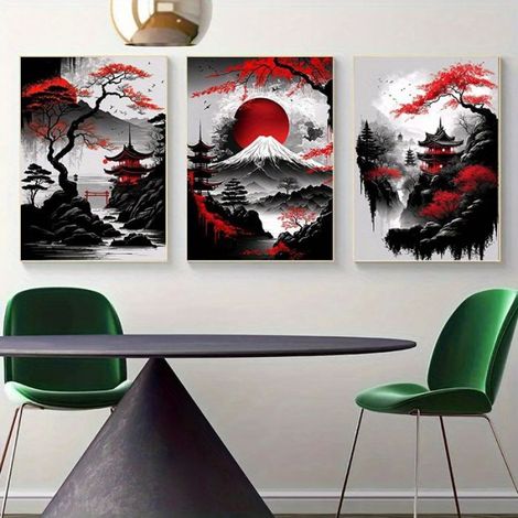 Toile De Peinture De Paysage Naturel Japonais Affiches Noires Et Rouges Imprimés Muraux Art Vintage Salon Maison 50X70cm Sans cadre (1/5)