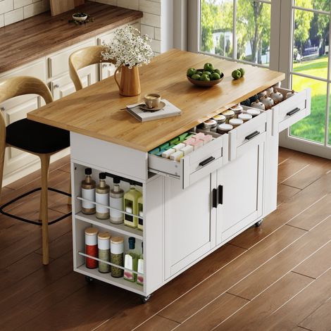 Îlot de cuisine roulant avec plan rabattable, desserte, meuble de rangement, placard poubelle, buffet à tiroirs coulissants, prises et roulettes, 120 × 45 (70) × 84 cm (1/5)
