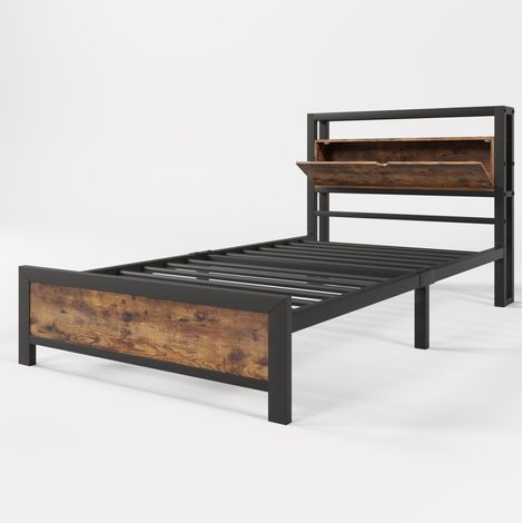 Cama individual 90 x 200 cm de metal negro con cabecero con almacenaje (1/5)