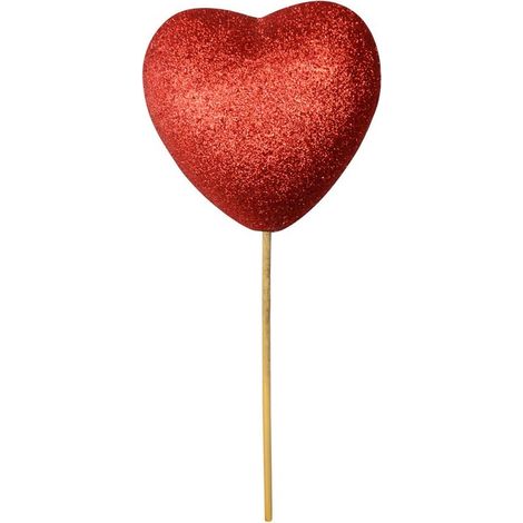Décoration de Saint-Valentin en forme de cœur rouge pailleté sur un bâtonnet, 16 cm
