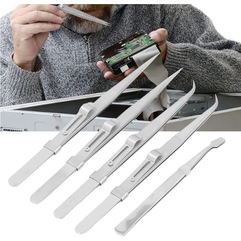 Juego de 5 pinzas antiestáticas de acero inoxidable con puntas curvas, rectas y planas para electrónica, joyería y modelismo. (1/5)