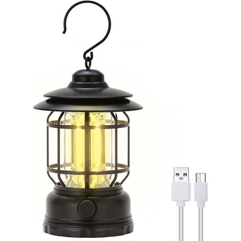 Lámpara de camping, Lámpara colgante vintage, Lámpara de tienda de campaña con brillo ajustable, Con cable de carga USB, pesca, barbacoa, Negra (1/5)