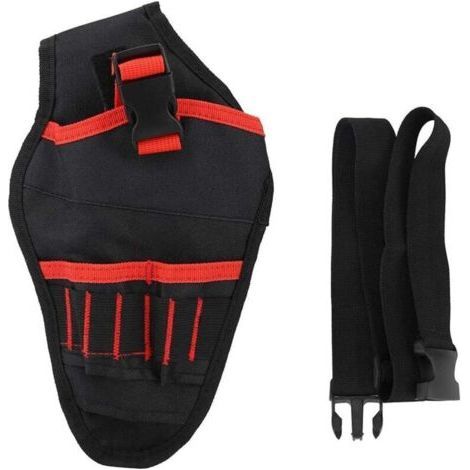 Electric drill bag, tool case with adjustable tool belt, accessory compartment and loops for storing tools and drill. (1/4)
