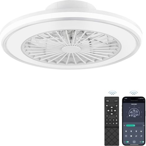 Ventilateur de plafond silencieux avec lumière 49,5 cm, sans pales, LED 32 W + moteur DC 16 W, 6 vitesses, 3 couleurs, APP & télécommande, minuterie, lampe ventilateur plafond blanche