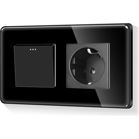 Interrupteur Schuko rond 1 voie encastré - Cadre en verre - Interrupteur marche/arrêt - Avec prise simple - Bords incurvés - Noir - 110-250 V - 157 mm (1/5)