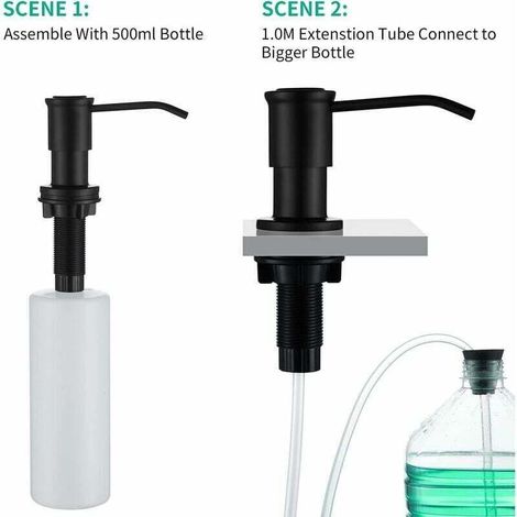 Built-in Soap Dispenser, Kitchen Sink Soap Dispenser, Integrated Soap Dispenser with 500ml Bottle and 1.0m Extension Hose Set, Top Refill, Black