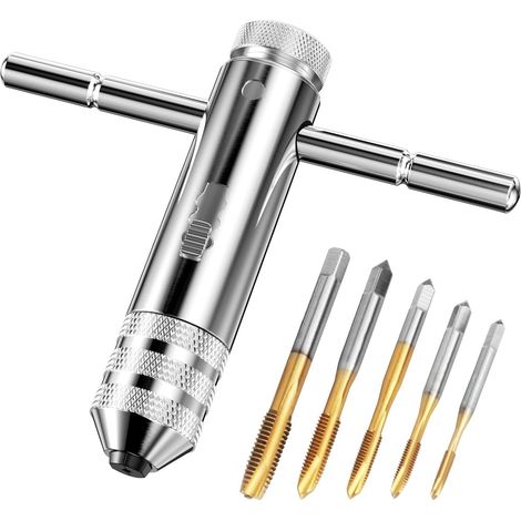 Tarauds et Filières Tourne a Gauche Coffret Taraud, 5 Pièces Ensemble de Taraudage à Filetage en Titane M3/ M4/ M5/ M6/ M8+1 Pièces T Poignée Porte-outils, Clé pour Porte-taraud Réglable (1/5)
