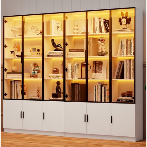 Vetrina LED 240 x 32 x 200 cm in MDF e vetro, 12 porte, bianca HAVRYA (1/5)