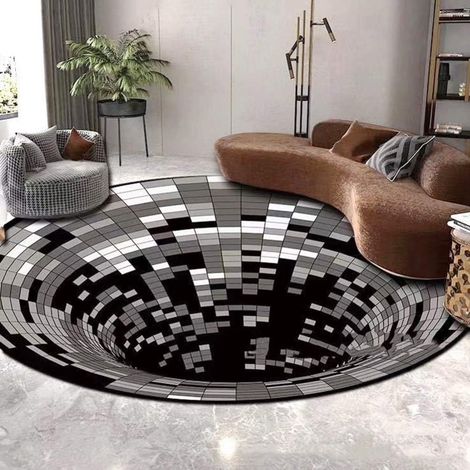 Tapis rond, tapis à illusion d'optique 3D, paillasson non tissé noir et blanc antidérapant pour chambre, salon, décoration intérieure, coussin C (80 cm) (1/4)
