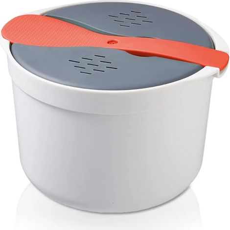 Cuiseur à riz micro-ondes de 2 litres avec couvercle et passoire en PP alimentaire, cuiseur vapeur compact orange, 18,5 x 18,5 x 13 cm (1/4)