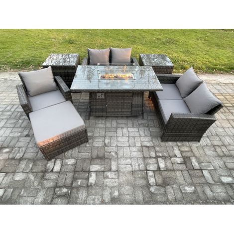 Fimous Rattan Gartenmöbel im Freien Gas Feuerstelle Tisch Sets Gasheizgerät mit Liebes-Sofa Stuhl 2 Beistelltische Großer Fußhocker 6-Sitzer Dunkelgrau Gemischt (1/5)