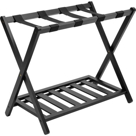 Porte-bagages, support de valise pliable en bambou avec étagère de rangement pour chambre d’amis, chambre, hôtel, robuste (noir) (1/5)