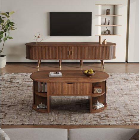 2-teiliges Wohnzimmer-Set: Couchtisch mit Liftplatte und TV-Möbel, MDF Nussbaum HAVRYA (1/5)