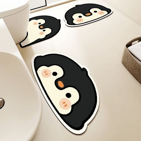 LAN Tapis de douche absorbant en forme de pingouin mignon, pièce unique, 50 x 80 cm. Ensemble de tapis de toilette (ensemble de trois pièces) avec une texture de terre de diatomées en forme d'animaux (1/4)