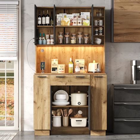 Armoire de cuisine, vitrine, avec LED, prise, étagère à épices coulissante et vin, MDF, naturel - 100x40x180cm (1/5)