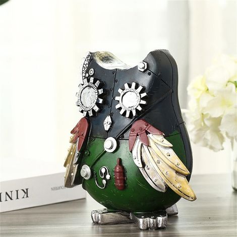 Chat-huant créatif hibou robot, tirelire oiseau mécanique rétro steampunk, décoration maison bureau, modèle B (tête verte corps rouge), 23x22cm (1/5)