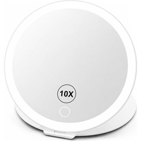 Miroir grossissant x 10 avec lumière, Miroir cosmétique Rechargeable avec 3 Modes d'éclairage, Miroir de Maquillage à intensité Variable, Pliable et Portable, Miroir de Voyage de 20 cm avec (1/5)