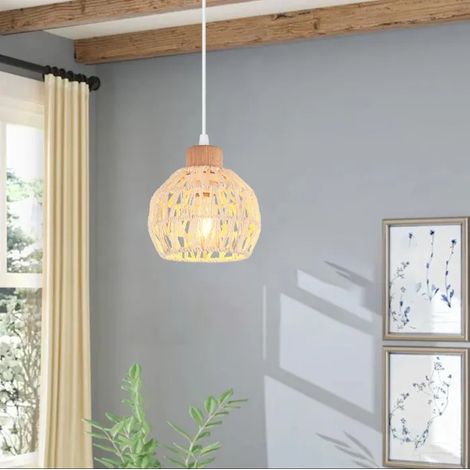 Lampe Suspension Rétro en Cage Lustre Plafonnier Abat-jour en Rotin Blanc E27 Luminaire Industriel pour Salon Chambre (1/5)