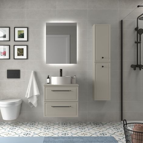 Mueble de Baño RUNA 60cm Gris mate 2 cajones Lavabo sobre encimera 1 poza Porcelana (1/5)