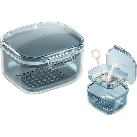 Écrin de nettoyage pour gouttières orthodontiques à trois couches, avec égouttoir, boîte de rangement pour appareils dentaires et aligneurs, gobelet de trempage pour prothèses dentaires, portable. (1/5)
