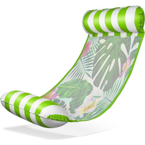 Chaise d'hamac d'eau tropicale à rayures vert-blanc (130×70 cm) – Chaise de conduite fraîche avec impression de feuilles et filet de refroidissement, parfaite pour la piscine et plus (1/5)
