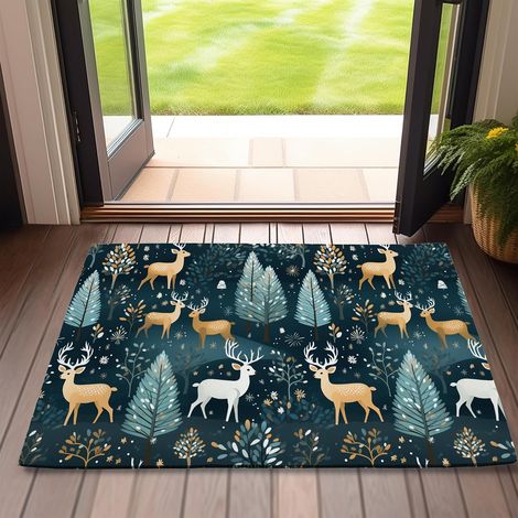 Tapis de bienvenue de Noël avec motif cerf, 51 x 81 cm, en feutre avec envers antidérapant - Motif forêt festive pour l'entrée extérieure, la terrasse, le porche et la décoration intérieure. (1/5)