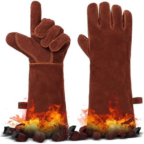 Gants Soudure Cuir, Gant Barbecue Anti Chaleur, Gants de Travail Résistant au Feu, Manchettes Longues, pour Soudeur Four Jardinage Cheminée Grill Tig, 40 x 20 cm, 1 Paire, Brun (1/5)