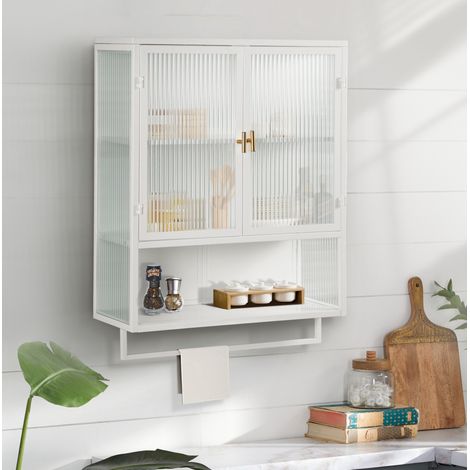 MEUBLIV Armario de pared blanco de 60 cm con puertas de vidrio, estante abierto y toallero (1/5)