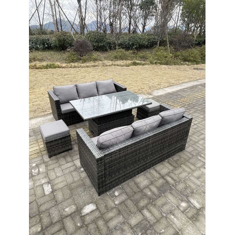 Fimous 8 Seater Outdoor Rattan Sofa Set Garden Furniture Adjustable Rising Lifting Dining Table Footstools Dark Grey Mixed