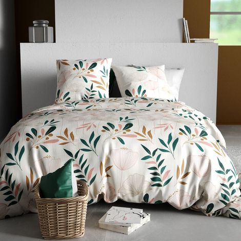 Parure housse de couette 240x220cm + 2 taies motif fleurs blanc rose et vert 100% coton - SILOE