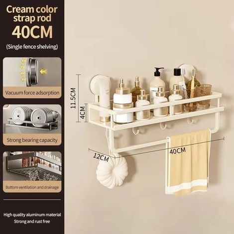 Barre de 40 cm de crème XP (sans perçage) - Support mural de salle de bain à ventouses - Étagère de salle de bain en aluminium - Organisateur mural (1/5)