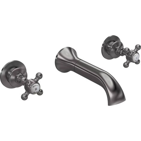 Hudson Reed Topaz Hexagonal Crosshead 3-Hole Bath Filler Tap Wall Mounted - Brushed Pewter (1/2)