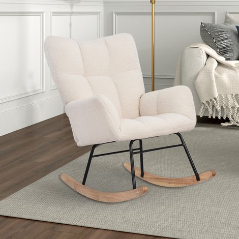 Fauteuil à bascule scandinave – Rocking chair en tissu teddy doux –Chaise de Relaxation Rembourré pour confort optimal – Structure en bois et métal noir (1/5)