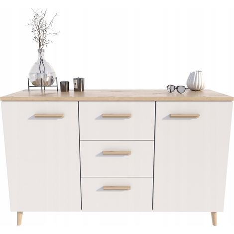 WEISSE Kommode 3 große, geräumige Schränke MALMO 150cm im skandinavischen Stil (1/5)