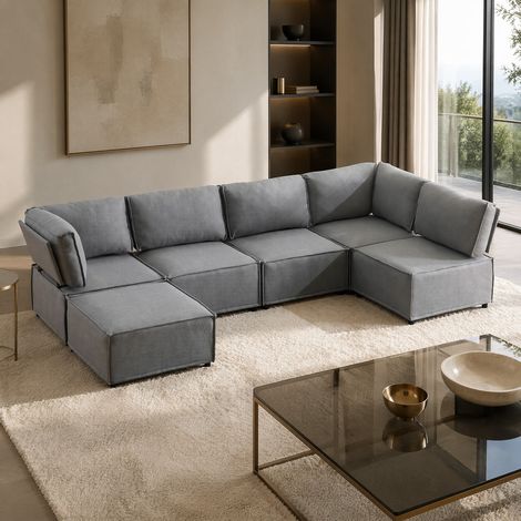 Sofá modular de esquina, convertible en cama extra larga, flexible, tejido gris claro, espuma y madera contrachapada (1/5)