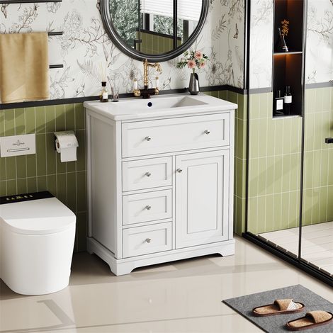 Meuble sous Vasque de Salle de Bain - 76x46x87 cm - Armoire de Toilette avec Vasque Céramique et Rangement Multifonction - Blanc (1/5)
