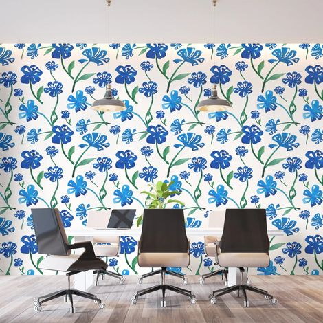 Papier Peint Floral – Fleurs Indigo sur Fond Ivoire - 150 x 250 cm (1/2)