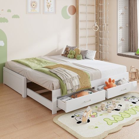 Ausziehbares Tagesbett mit 2 Schubladen, 90x190 auf 180x190 cm erweiterbar, platzsparendes Gästebett aus Kiefernholz mit Lattenrost, Weiß (1/5)