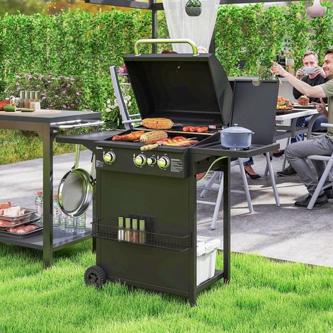 Barbecue gaz 3 brûleurs +1 latéral acier, 9,5 kW, grille double, étagères, 2 roues, jardin, noir (1/5)