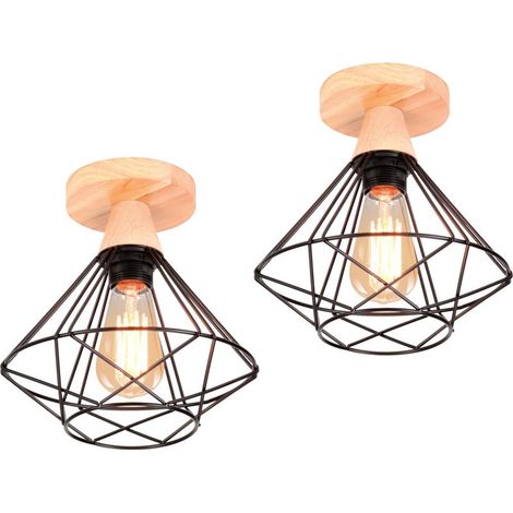 2x Plafonnier Industriel en Métal et Bois Design Rétro Luminaire pour Escalier Couloir Entrée Noir (1/5)
