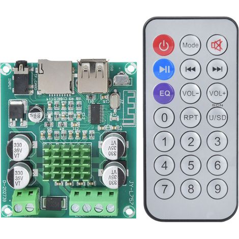 Carte d'amplification double canal pour Bluetooth 5.0 avec télécommande, compatible avec les clés USB et les entrées auxiliaires. (1/5)
