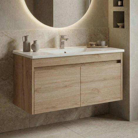 Meuble vasque suspendu 100 cm décor chêne 2 portes MOANA (1/4)