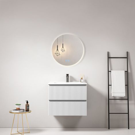 Mobile bagno sospeso cannettato 60 cm Bianco Lavabo in Ceramica Specchio Tondo Retroilluminato - Fiji Paint
