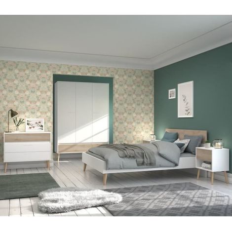 Chambre complete - AALBORG - Scandinave - Blanc / Chene - Lit 160 x 200 cm, 2 chevets, commode, armoire - PARISOT (1/5)