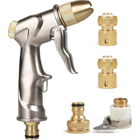 Spray gun for garden hose with brass nozzle, high-pressure zinc alloy metal manual watering sprayer for car washing/lawn watering (with 4 connectors) (1/5)