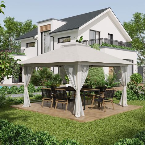 Tonnelle pliante à hauteur réglable 4x4m avec moustiquaire et sac de rangement. Fabriquée en métal et en tissu Oxford couleur crème.