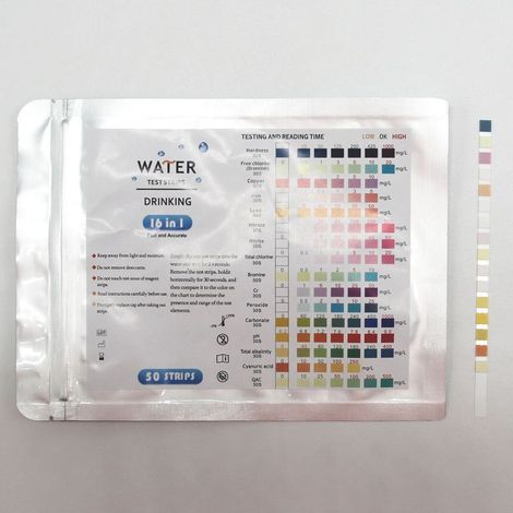 50 bandelettes de test d'eau potable 16 en 1 - Testeur d'eau - pour l'analyse de la qualité de l'eau du robinet : dureté totale, plomb, cuivre, nitrates (1/4)