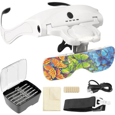 Lunettes Loupe Grossissante comme Diamond Painting Accessoires avec 4 LED et Réglage à 2 Niveaux, Lampe Frontale pour Lecture Bijoutier Broderie Peinture Diamant (1/5)