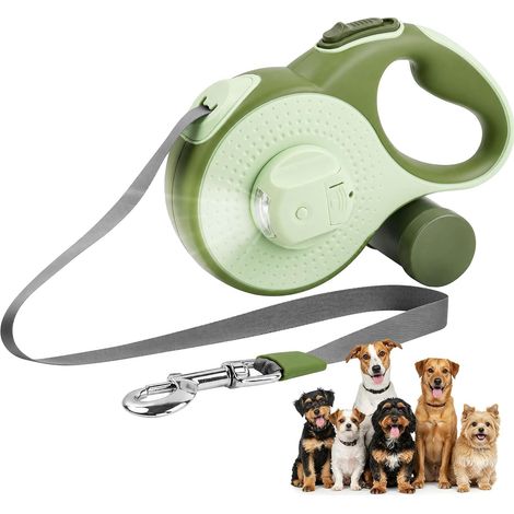 Laisse Chien Enrouleur,Laisse 5m,360° Anti-nœuds,avec Un Boutton S'arrêter Bloquer,Lampe LED, Moyen et Grand Chiens (Vert) (1/5)
